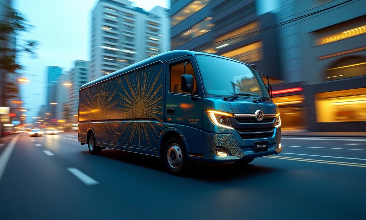 Art Deco themed delivery vehicle speeding through a stylized Tokyo cityscape at dusk with packages.